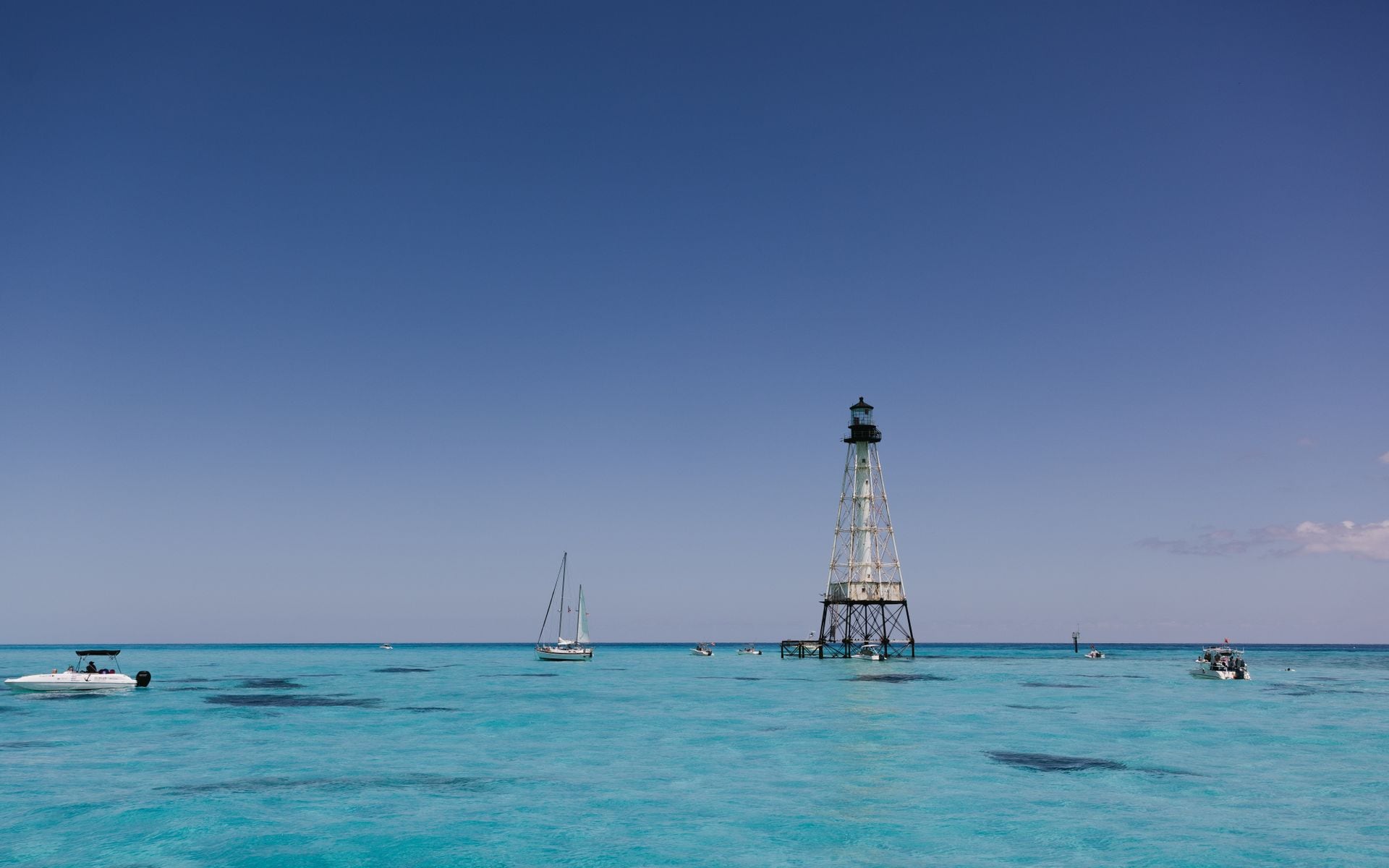 The Overseas Highway crossing turquoise water between two Florida Keys