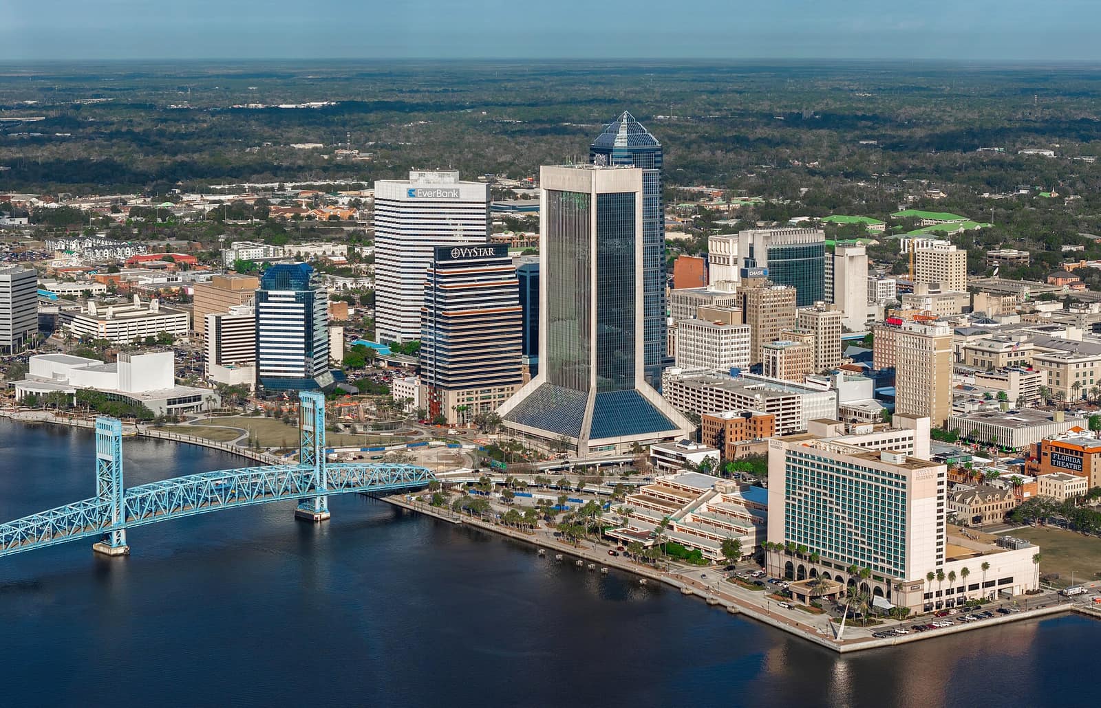 Aerial view of downtown Jacksonville, Florida skyline and the St. Johns River with the Main Street Bridge in the foreground